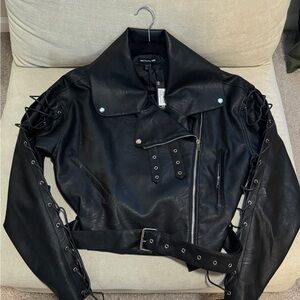 Black Lace-Up Moto Jacket - Women